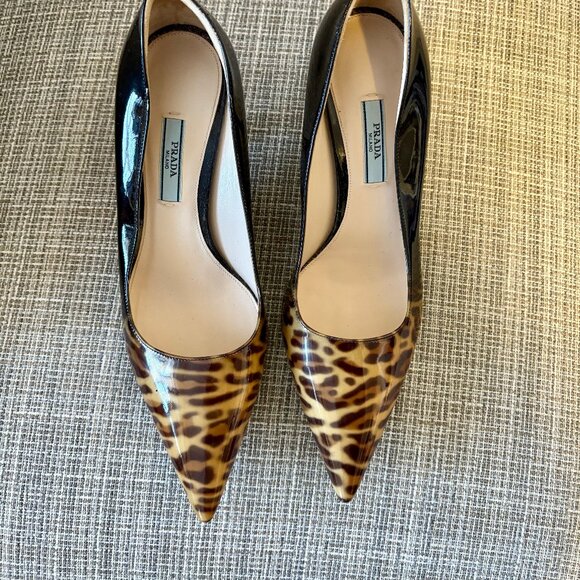 PRADA Leopard Print Ombre Black Patent Leather Kitten Pumps 38.5 - Picture 4 of 6